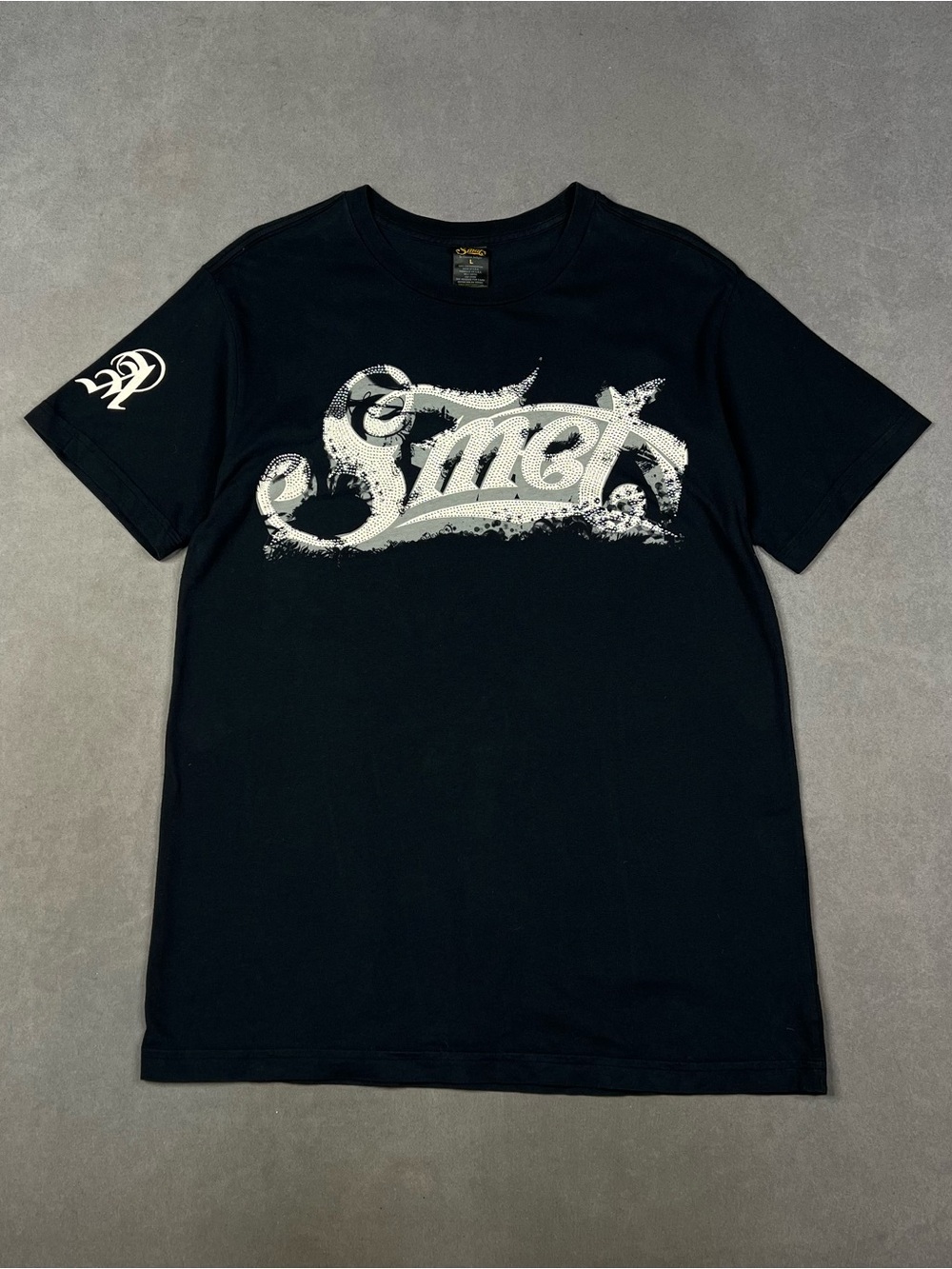 Christian Audigier Black Tee with White Script Graphic Smet